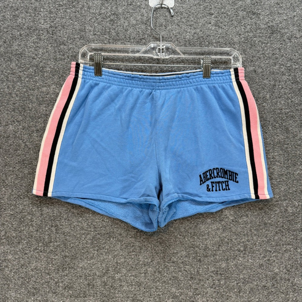Abercrombie Shorts Womens Medium Blue Pink Stripe Logo Fleece Sweatshorts Y2K
